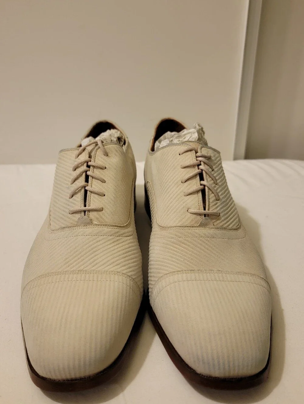 rare Florsheim by Duckie Brown white textured canvas or seersucker cap-toe oxfor